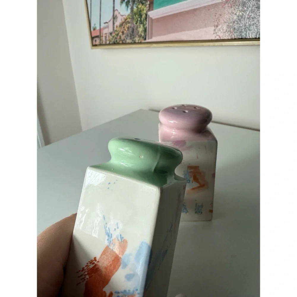 Vintage Pastel Abstract Art Salt & Pepper Shakers Japan Pink Green White Ceramic